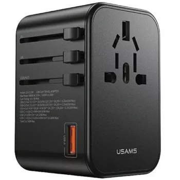 USAMS universele reisoplader 65W 1xUSB-A + 2xUSB-C T62 met verwisselbare stekkers US/AU/EU/UK zwart CC199TC01 (US-CC199)