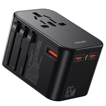 USAMS universele reisoplader 65W 1xUSB-A + 2xUSB-C T62 met verwisselbare stekkers US/AU/EU/UK zwart CC199TC01 (US-CC199)