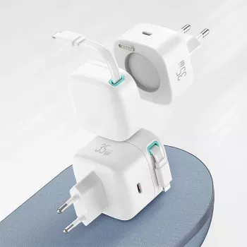 USAMS XMF-serie CC209TC02 GaN 35W snellader met intrekbare Lightning-kabel, wit