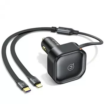 USAMS C41 auto-oplader 30W PD snelladen met intrekbare USB-C & Lightning-kabels zwart (US-CC219)