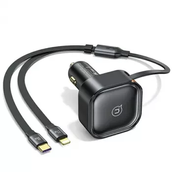 USAMS auto-oplader met intrekbare kabel 2xUSB-C C41 PD 30W snelladen zwart CC220CC01 (US-CC220)