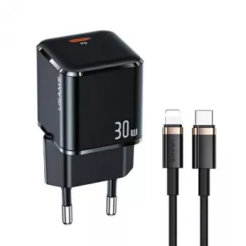 USAMS T45 30W PD3.0 USB-C snellader met U63 USB-C naar Lightning kabel, zwart, UXTZH01