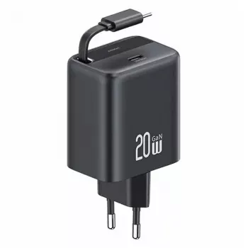 USAMS YC Series GaN 20W USB-C voeding met intrekbare kabel, PD+QC snelladen, zwart (US-CC233)