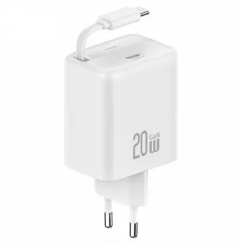 USAMS YC Series GaN 20W USB-C voeding met intrekbare USB-C kabel, PD+QC snelladen, wit (US-CC233)