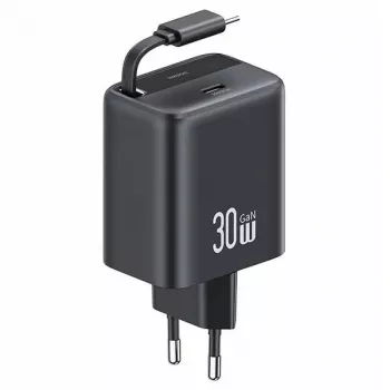 USAMS YC Series CC241TC01 30W GaN USB-C voeding met intrekbare USB-C kabel, PD+QC snelladen, zwart
