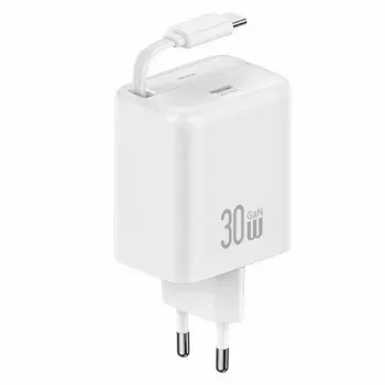 USAMS YC Series CC241TC02 30W GaN USB-C netlader met intrekbare USB-C kabel, PD+QC snelladen, wit