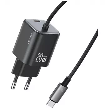 USAMS 20W GaN snellader met USB-C kabel, zwart