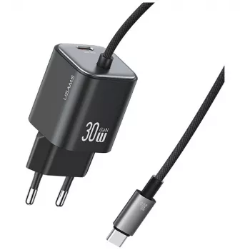 USAMS 30W GaN snellader met USB-C kabel (zwart, EU-stekker)