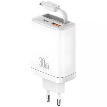USAMS Xiang Series CC296 30W USB-C/USB-A oplader met USB-C-kabel wit