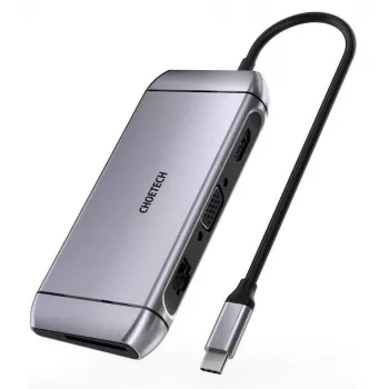 CHOETECH 9-in-1 USB-C multifunctionele hub - 3x USB 3.2 Gen 1, SD/TF-kaartlezer, HDMI 4K 30Hz, VGA Full HD 60Hz, USB-C PD, RJ45 Gigabit Ethernet, grijs (HUB-M15)