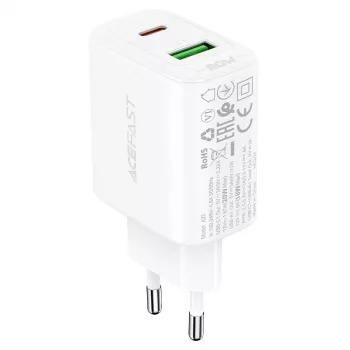 Acefast A25 wandlader, USB + USB-C, PD 20W (wit)