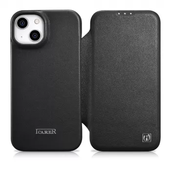 iCarer CE Premium Leather Folio Case voor iPhone 14 Plus, magneetsluiting, MagSafe, zwart (WMI14220715-BK)