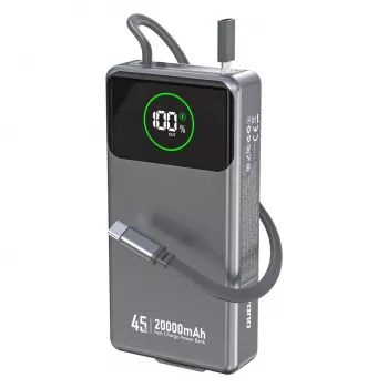 Powerbank Dudao K31 Pro 45W 20000mAh met geïntegreerde uitschuifbare USB-C-kabel - grijs