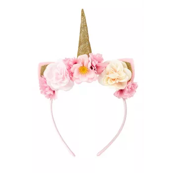 Souza! Eenhoorn-hoofdband met bloemen en gouden hoorn