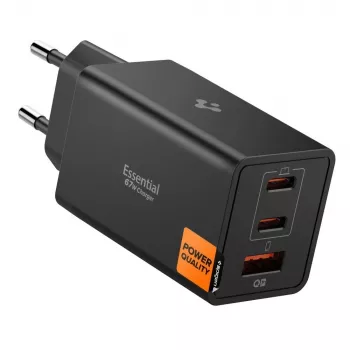 Spigen Essential EE673EU 67W GaN 3-poorts USB-C/USB-A wandlader zwart