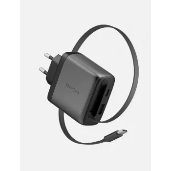 ENERGEA Ampcharge Arc 65W GaN USB-A/USB-C wandlader met intrekbare USB-C-kabel, gunmetal