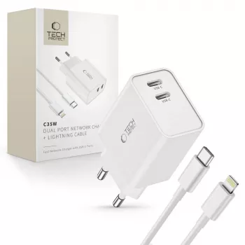 TECH-PROTECT C35W 2-poorts netlader PD 35W + Lightning-kabel wit