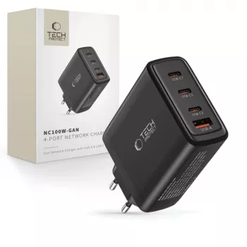 Tech-Protect NC100W-GAN 4-PORT zwarte GaN wandlader 100W USB-C