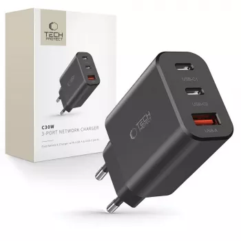 Tech-Protect NC30W 3-poorts USB-C oplader zwart 30W