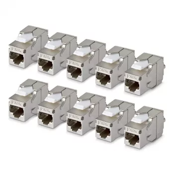 StarTech.com afgeschermde Cat6a Keystone Jack module, 10-pack RJ45 Ethernet koppeling, STP Cat6a wandcontactdoos, 180 graden, gereedschapsloos, plat, zilver