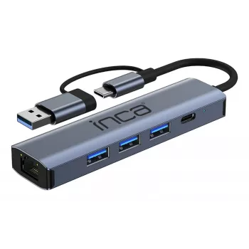 INCA Hub IUTP-5T USB-C/A naar 3x USB-A 3.0 / RJ45 5 Gbit/s grijs