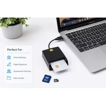 iLike 4-in-1 USB Smart Card Reader met SIM-, SD- & Micro-SD-ondersteuning, CAC-lezer voor ID-bewijzen, Bankpassen, eID en Geheugenkaarten, Zwart
