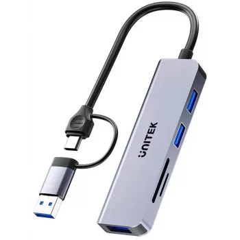 UNITEK 5-in-1 USB-C hub met SD- en MicroSD-kaartlezer, 5 Gbit/s, Space Grey