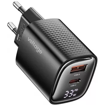 Voltage GaN Charger Mini 33W PD 3.0 QC 3.0 USB-A USB-C digitaal display zwart