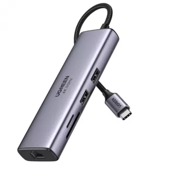 UGREEN 60515 7-in-1 USB-C-hub, 4K 60Hz HDMI, Ethernet, 100 W PD, grijs