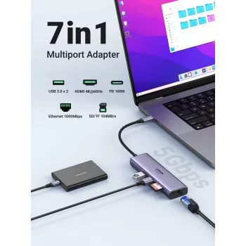 UGREEN 60515 7-in-1 USB-C-hub, 4K 60Hz HDMI, Ethernet, 100 W PD, grijs