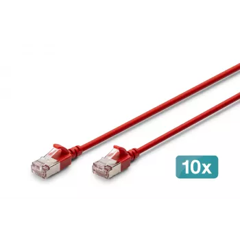 DIGITUS CAT 6A F/FTP Slim patchkabel, 0,3 m, rood, 10-pack, LSZH, 10G Ethernet, RJ45