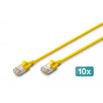 DIGITUS CAT 6A F-FTP Slim patchkabel, 0,5 m, geel, 10-pack, LSZH, 10Gbps, 500MHz, 28AWG koper, vergulde RJ45