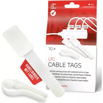 LABEL THE CABLE LTC 2620-10 herbruikbare kabelbinders met klittenband en geïntegreerde etiketten, wit, 10-pack