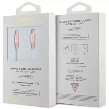GUESS GUCCLALRGDP USB-C naar USB-C snellaadkabel 1,5 m roze met reliëflogo