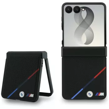 BMW M leren geperforeerde driekleurige strepen MagSafe case voor Samsung Galaxy Z Flip8 - zwart