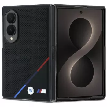 BMW M leren geperforeerde tricolor strepen metalen logo's MagSafe-hoesje voor Samsung Galaxy Z Fold8 - zwart