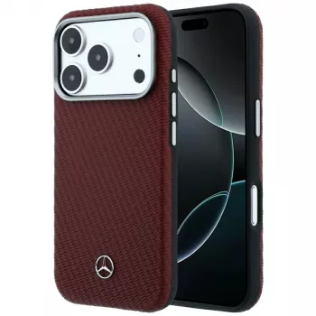 Mercedes Leder Semi Wrap Holzeffekt MagSafe-hoesje voor iPhone 18 Pro Max / 17 Pro Max - bordeauxrood