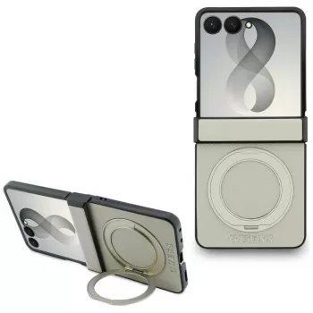 Guess Magnetic Ring Stand Grained Classic Logo MagSafe-hoesje voor Samsung Galaxy Z Flip 8, beige