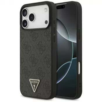 GUESS Leder 4G Triangle Strass MagSafe case voor iPhone 18 Pro Max / 17 Pro Max - zwart