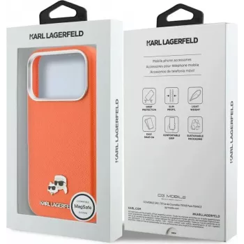Karl Lagerfeld Karl & Choupette Head Pins Saffiano MagSafe-hoesje voor iPhone 17 Pro Max – oranje