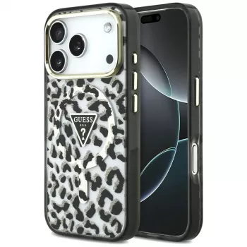 GUESS IML Leopard Glitter Triangle Logo MagSafe-hoesje voor iPhone 18 Pro / 17 Pro - zwart