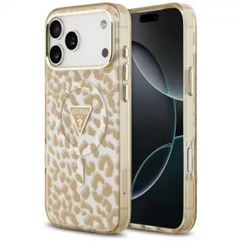 GUESS IML Leopard Glitter Triangle Logo MagSafe hoesje voor iPhone 18 Pro Max / 17 Pro Max - bruin