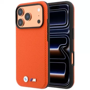 BMW M Quadrille Kevlar MagSafe-hoesje voor iPhone 17 Pro Max / 18 Pro Max – oranje met metaal-logo