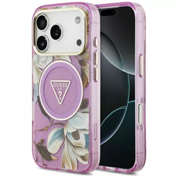 GUESS IML Glitter Flowers Triangle MagSafe-hoes voor iPhone 18 Pro / 17 Pro - paars