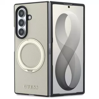 Guess Magnetic Ring Stand Grained Classic Logo MagSafe Hoesje voor Samsung Galaxy Z Fold 8 Ultra (Beige)