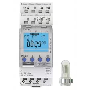 THEBEN LUNA 121 top3 RC AL digitale schemerschakelaar met opbouw lichtsensor, 1-kanaals, 1-99.000 lx, 230 V AC, DIN-rail, IP20/IP55
