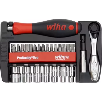 WIHA 46960 Evo 40-delige bit- en dopsleutelset, 1/4 inch aandrijving, chroom-vanadiumstaal, met 72-tands ratel, dopsleutels 5,5-13 mm, bits: sleuf, Phillips, Pozidriv, Torx, inbus, in robuuste koffer