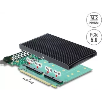 Delock PCI Express 5.0 x16 kaart naar 4 x interne NVMe M.2 Key M met koellichaam - bifurcatie