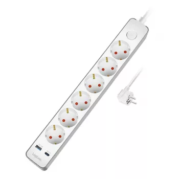 LogiLink stekkerdoos met 6 veiligheidsstopcontacten, USB-A & USB-C PD 20W, tuimelschakelaar, 1,5 m, wit