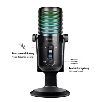 LogiLink USB-condensatormicrofoon met RGB-licht, nier/nierrichtingskarakteristiek, 20 Hz - 20 kHz, zwart (HS0059)